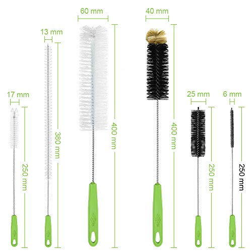 Wanap Cepillo para botellas, Juego de cepillos de limpieza duraderos de usos múltiples, sin BPA, largos y flexibles para botellas, pajitas, tubos, decantadores, etc., 6 piezas