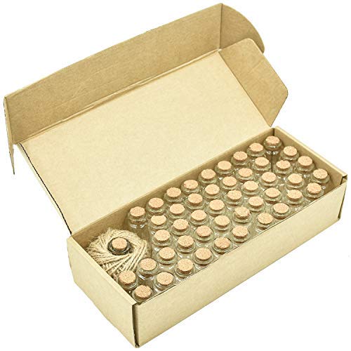Wandefol 48pcs Botella de Mensaje, Botellas Cristales Pequeñas, Botella de Vídrio con Tapón de Corcho para Manualidad Decoración con Cordel Transparente a Prueba de Golpe Madera Yute Vídrio 10ml
