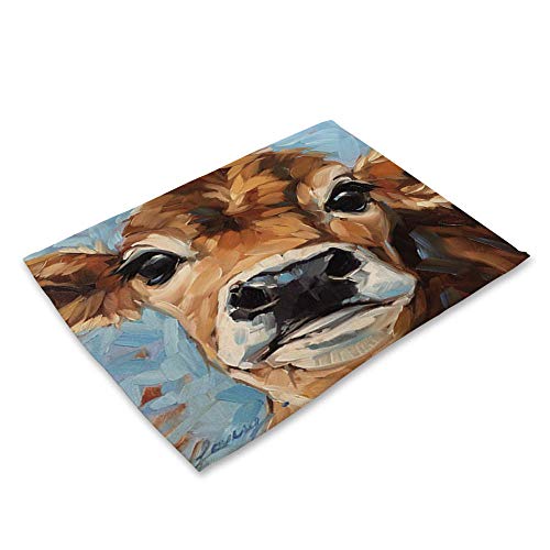 Warmwin Mantel Individual Animal Scalper Estampado patrón Resistente al Calor Pasto Rural Lino Lavable Estera de café Cocina decoración de Mesa Vaca-5_42x32cm