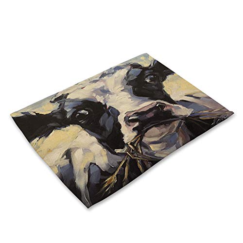 Warmwin Mantel Individual Animal Scalper Estampado patrón Resistente al Calor Pasto Rural Lino Lavable Estera de café Cocina decoración de Mesa Vaca-5_42x32cm