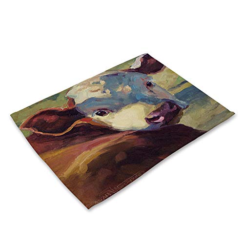 Warmwin Mantel Individual Animal Scalper Estampado patrón Resistente al Calor Pasto Rural Lino Lavable Estera de café Cocina decoración de Mesa Vaca-5_42x32cm