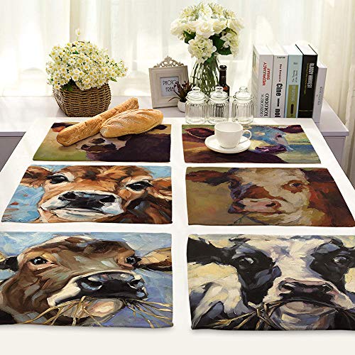 Warmwin Mantel Individual Animal Scalper Estampado patrón Resistente al Calor Pasto Rural Lino Lavable Estera de café Cocina decoración de Mesa Vaca-5_42x32cm