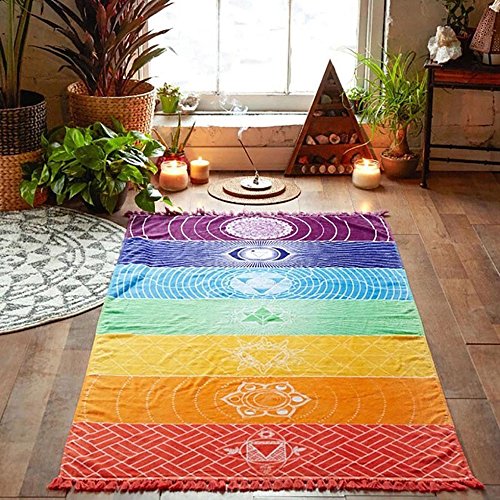 WARMWORD Arco Iris Playa Estera Manta de Mandala Colgar en la Pared Tapestry Stripe Yoga Toalla Playa Tapiz meditación Pareo Decorativo con Estilo Chakras para casa Parque dormidorio(75x150cm)