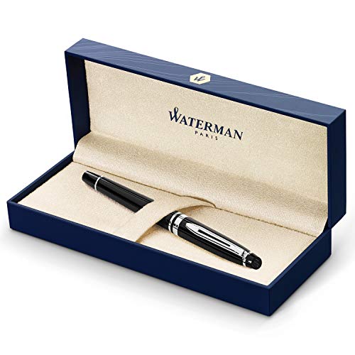 Waterman Expert pluma estilográfica, brillante con adorno cromado, plumín fino con cartucho de tinta azul, estuche de regalo, color negro