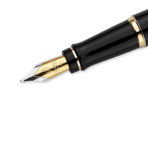 Waterman Expert pluma estilográfica, brillante con adorno de oro de 23 quilates, plumín mediano con cartucho de tinta azul, estuche de regalo, color negro