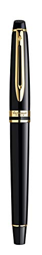 Waterman Expert pluma estilográfica, brillante con adorno de oro de 23 quilates, plumín mediano con cartucho de tinta azul, estuche de regalo, color negro