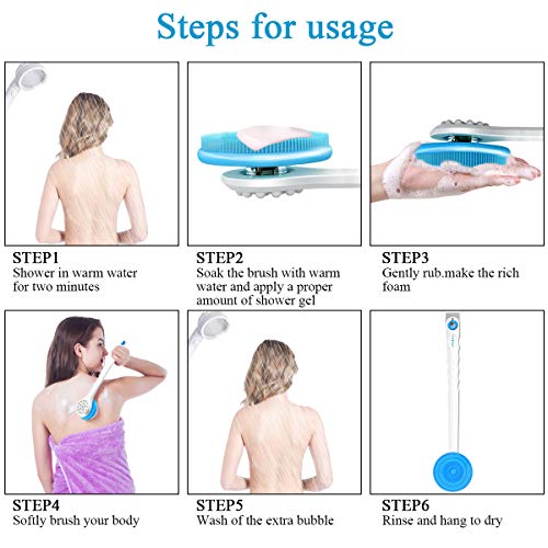 weikin Cuerpo Cepillo, Cepillo de baño de silicona, Cerdas Ultra Suaves y Mango Largo (37 cm), Cepillo Espalda Ducha, Limpiar Espalda y Euerpo, Exfoliación, Masajee, SPA