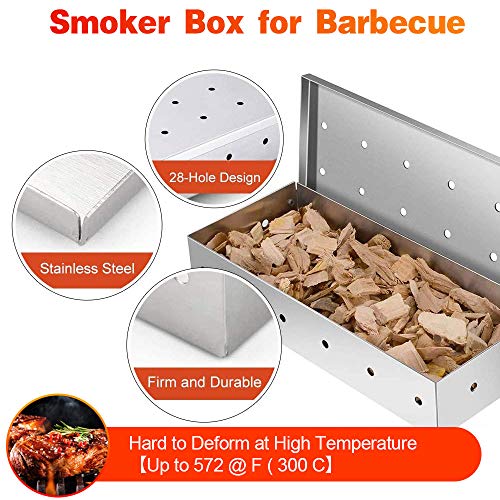 WELLXUNK Acero Inoxidable Ahumador,ahumador Barbacoa Gas, Caja de Ahumador de Barbacoa,Accesorios de Barbacoa,para Parrilla de Gas, Hogar, Jardín, Exterior, Plata