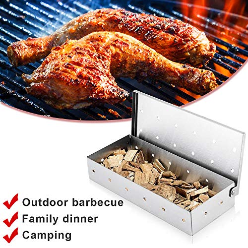 WELLXUNK Acero Inoxidable Ahumador,ahumador Barbacoa Gas, Caja de Ahumador de Barbacoa,Accesorios de Barbacoa,para Parrilla de Gas, Hogar, Jardín, Exterior, Plata