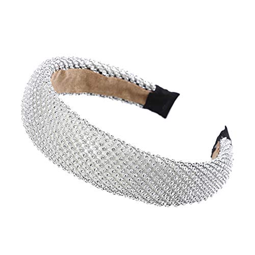 WELROG Diadema acolchada perla de mujer Esponja Velvet Wide Alice Band Hair Hoop Color sólido Home Party Jewelry Beaded Hair Band para mujeres niñas （Plata）