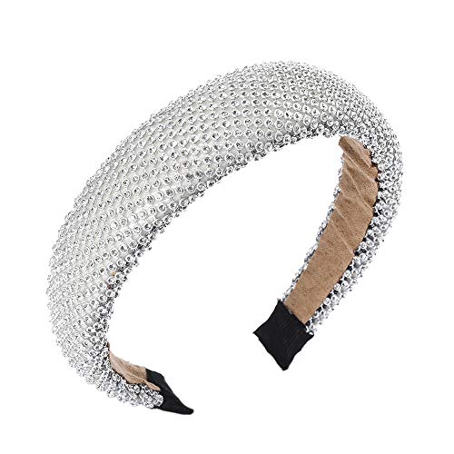 WELROG Diadema acolchada perla de mujer Esponja Velvet Wide Alice Band Hair Hoop Color sólido Home Party Jewelry Beaded Hair Band para mujeres niñas （Plata）