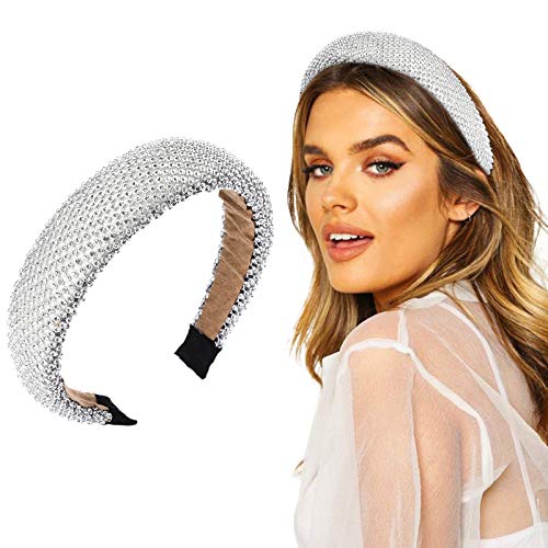 WELROG Diadema acolchada perla de mujer Esponja Velvet Wide Alice Band Hair Hoop Color sólido Home Party Jewelry Beaded Hair Band para mujeres niñas （Plata）