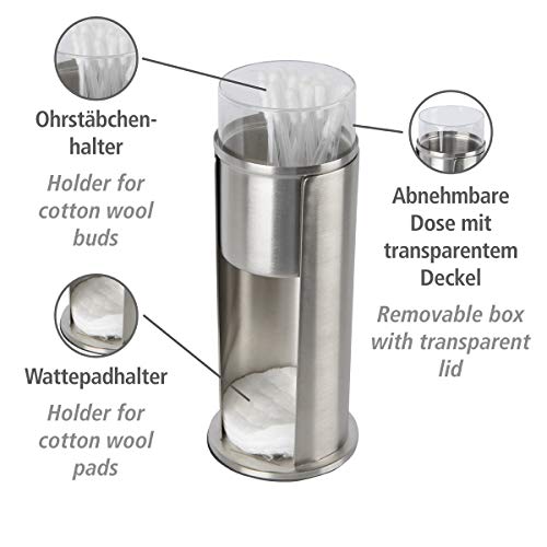 Wenko Porta Discos Desmaquillantes y Bastoncillos, Acero Inoxidable, Plata, 7.5x7.5x18 cm