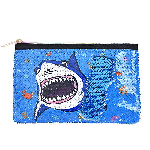 WERNNSAI Tiburón Bolsa Cosmética - Lentejuela Reversible Bolsa de Maquillaje con Cremallera Estuche Azul Portátil Bolsa de Aseo Escala de Brillo Bolsa de Maquillaje para Monedero