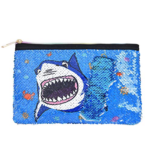 WERNNSAI Tiburón Bolsa Cosmética - Lentejuela Reversible Bolsa de Maquillaje con Cremallera Estuche Azul Portátil Bolsa de Aseo Escala de Brillo Bolsa de Maquillaje para Monedero