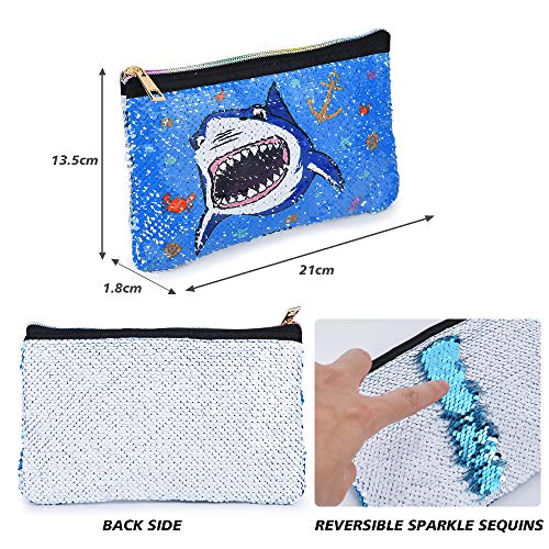 WERNNSAI Tiburón Bolsa Cosmética - Lentejuela Reversible Bolsa de Maquillaje con Cremallera Estuche Azul Portátil Bolsa de Aseo Escala de Brillo Bolsa de Maquillaje para Monedero