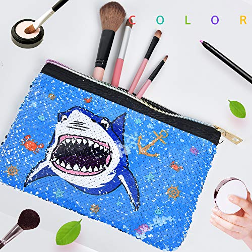 WERNNSAI Tiburón Bolsa Cosmética - Lentejuela Reversible Bolsa de Maquillaje con Cremallera Estuche Azul Portátil Bolsa de Aseo Escala de Brillo Bolsa de Maquillaje para Monedero