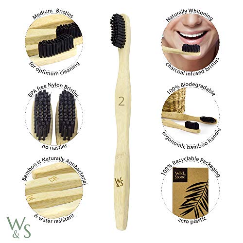 Wild & Stone | Cepillo de dientes de bambú orgánica | 4 individualmente numerada | Las cerdas medianas fibra de carbón | Mango 100% biodegradable | Cepillos de dientes veganos orgánicos