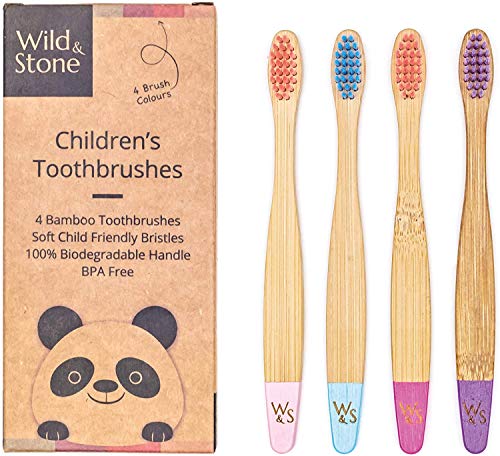 Wild & Stone | Cepillo de dientes de bambú orgánico para niños | Paquete de 4 colores dulces | Cerdas de fibra blanda | Mango 100% biodegradable | Cepillos de dientes veganos orgánicos para niños