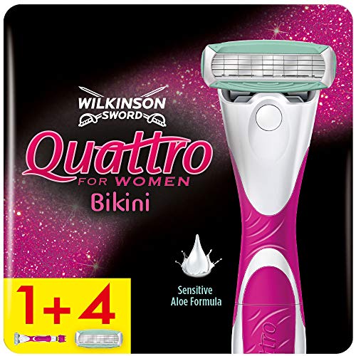 Wilkinson Sword Quattro For Women Bikini Paquete de 1 navaja de mujer + 4 cuchillas de repuesto - Paquete adecuado para el buzón