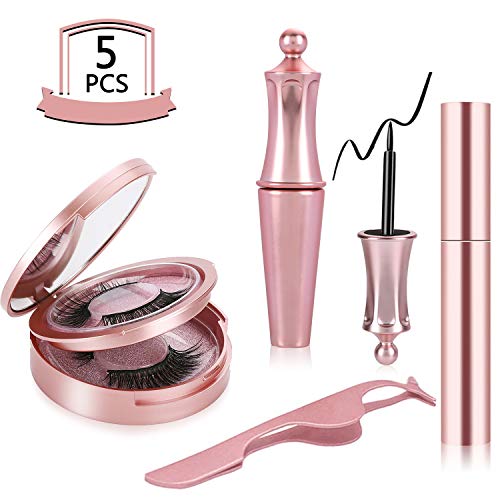 Winload Pestañas Magnéticas con Eyeliner, 2 Pares de 3D Pestañas Postizas Naturalescon 2 Piezas de Delineador de Ojos Impermeable, Pestañas Imantadas Reutilizables, No Se Necesita Pegamento,5 Imanes