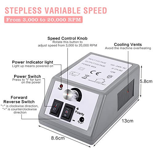 Winload Torno para Uñas, Kit Manicura Eléctrico, Pedicura Pulidor de Uñas, Eléctrica del Taladro del Clavo con 6 Brocas Pulidor Broca y 156 Bandas, Lima de Uñas de 20000 RPM, Manicura Herramienta