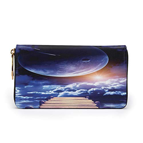 Women's Long Leather Card Holder Purse Zipper Buckle Elegant Clutch Wallet, Watching A Meteor Rain from A Wooden Dock Under The Sun Rays Image,Sleek and Slim Travel Purse