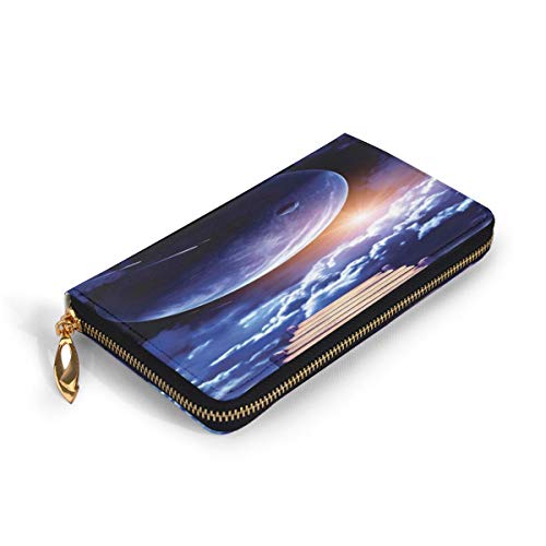 Women's Long Leather Card Holder Purse Zipper Buckle Elegant Clutch Wallet, Watching A Meteor Rain from A Wooden Dock Under The Sun Rays Image,Sleek and Slim Travel Purse