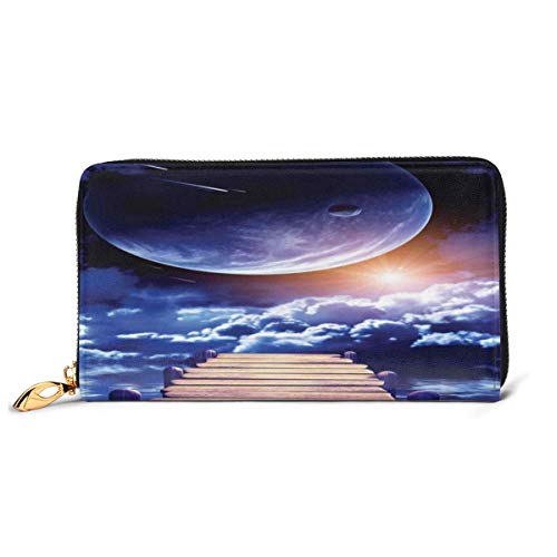 Women's Long Leather Card Holder Purse Zipper Buckle Elegant Clutch Wallet, Watching A Meteor Rain from A Wooden Dock Under The Sun Rays Image,Sleek and Slim Travel Purse