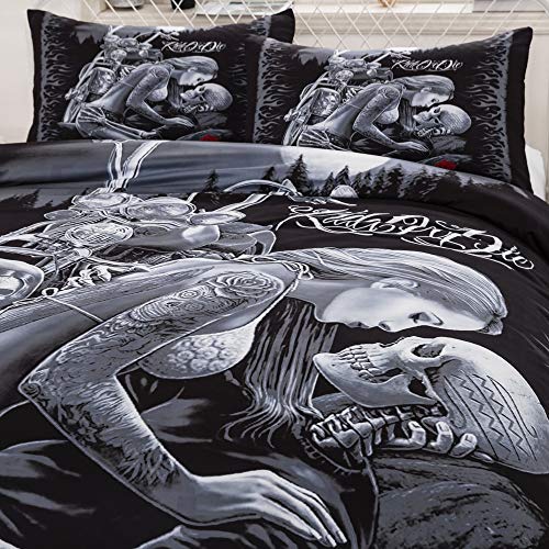 WONGS BEDDING Juego de Ropa de Cama Skull Juego de Fundas nórdicas Beauty Ride or Die Impreso Juego de Fundas nórdicas Hipoalergénico 3 Piezas Funda nórdica de Microfibra con cierr 200x200cm