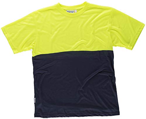 Work Team Camiseta combinada de Manga Corta en poliéster. Parte Superior de Alta Visibilidad. Cuello Redondo en Punto canalé con cubrecosturas interio Hombre Marino+Amarillo A.V. XL