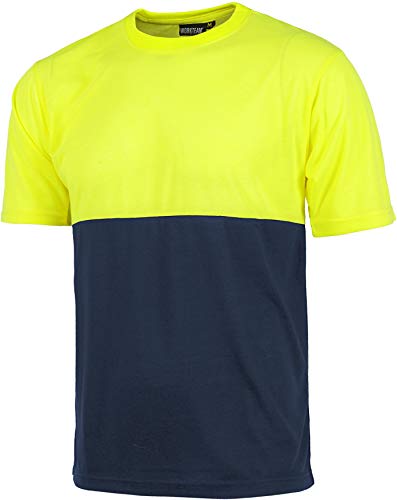 Work Team Camiseta combinada de Manga Corta en poliéster. Parte Superior de Alta Visibilidad. Cuello Redondo en Punto canalé con cubrecosturas interio Hombre Marino+Amarillo A.V. XL