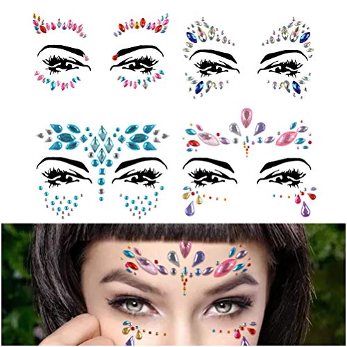 WOWOSS 4Pcs Rhinestone Cara Joyas Etiquetas engomadas faciales del rhinestone de DIY para ojos cuerpo cara decoración