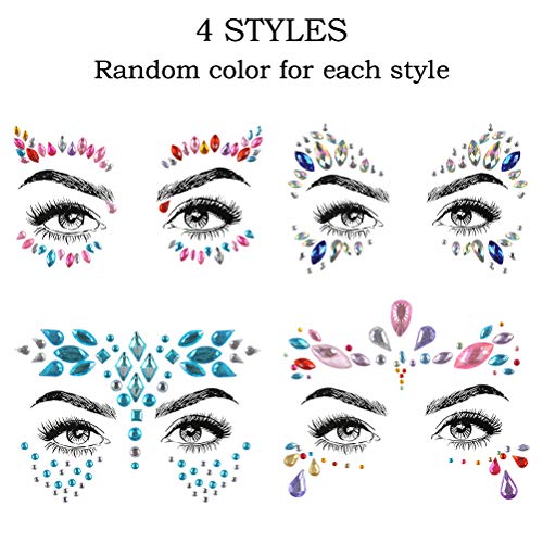 WOWOSS 4Pcs Rhinestone Cara Joyas Etiquetas engomadas faciales del rhinestone de DIY para ojos cuerpo cara decoración