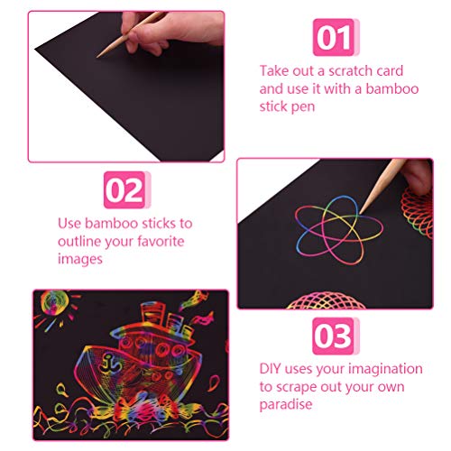WOWOSS Scratch Art 50 Hojas Dibujo Scratch Láminas para Rascar Creativas Papel para Niños Dibujar, Manualidades, Incluye 4 Plantillas de Dibujo 5 Palos de Madera y un Sacapuntas