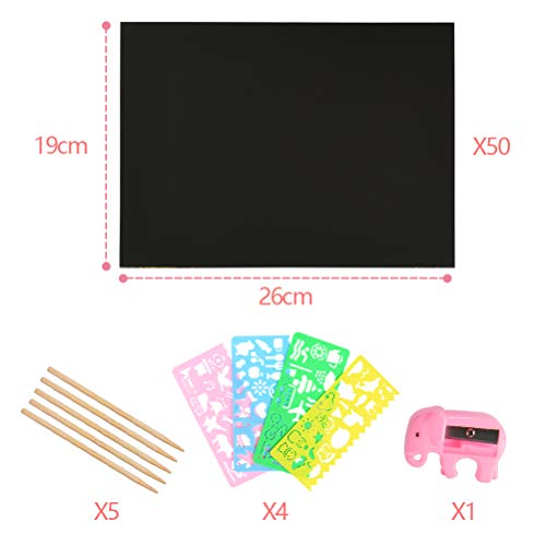 WOWOSS Scratch Art 50 Hojas Dibujo Scratch Láminas para Rascar Creativas Papel para Niños Dibujar, Manualidades, Incluye 4 Plantillas de Dibujo 5 Palos de Madera y un Sacapuntas