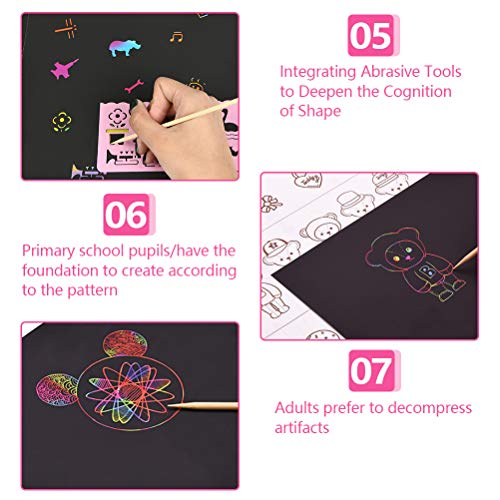 WOWOSS Scratch Art 50 Hojas Dibujo Scratch Láminas para Rascar Creativas Papel para Niños Dibujar, Manualidades, Incluye 4 Plantillas de Dibujo 5 Palos de Madera y un Sacapuntas