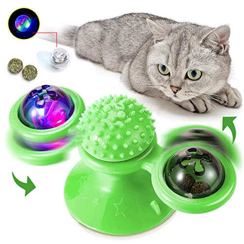 WR WPAIER Juguetes Interactivos para Gatos, Juguete de Molino de Viento para Gato, Rompecabezas Interactivo Entrenamiento Turntable Windmill Ball con Luces LED(Verde)