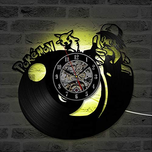 wtnhz LED Reloj de Pared de Vinilo Colorido Reloj de Pared con Disco de Vinilo de Pokemon con iluminación LED, Pegatinas de Dibujos Animados en 3D, Reloj de Vinilo de Pikachu, Reloj de Pared para