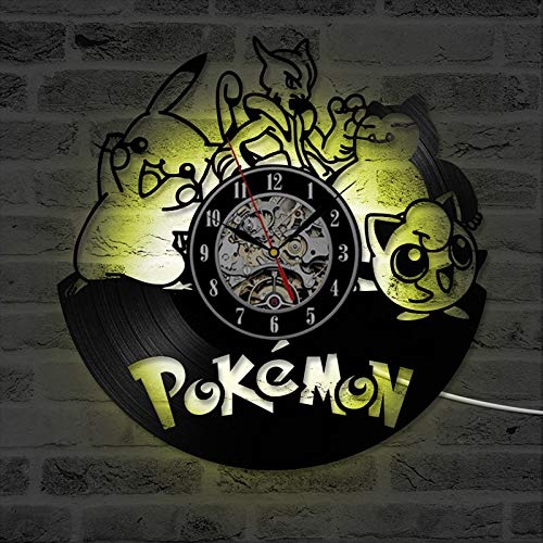 wtnhz LED Reloj de Pared de Vinilo Colorido Reloj de Pared con Disco de Vinilo de Pokemon con iluminación LED, Pegatinas de Dibujos Animados en 3D, Reloj de Vinilo de Pikachu, Reloj de Pared para