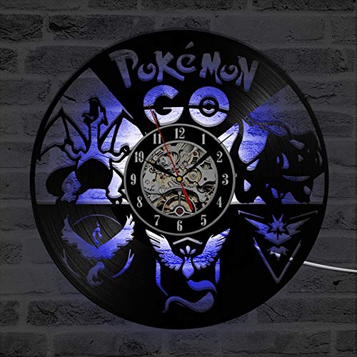 wtnhz LED Reloj de Pared de Vinilo Colorido Reloj de Pared con Disco de Vinilo de Pokemon con iluminación LED, Pegatinas de Dibujos Animados en 3D, Reloj de Vinilo de Pikachu, Reloj de Pared para