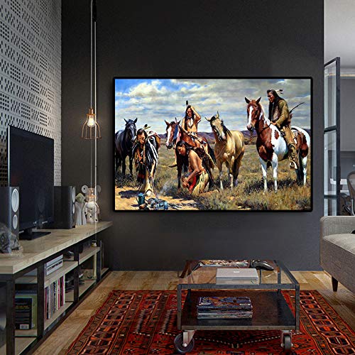 WZMFBH Indio Indio Nativo Prairie Horse Lienzo Póster E Impresiones Escandinavo Arte De La Pared Imagen De La Sala De Estar