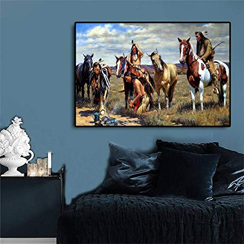 WZMFBH Indio Indio Nativo Prairie Horse Lienzo Póster E Impresiones Escandinavo Arte De La Pared Imagen De La Sala De Estar
