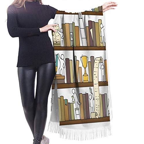 XCNGG Bufanda con flecos de cachemira de imitación chal bufanda larga de moda Scarf Funny Little People In Library Bookshelf Womens Warm Long Shawl Wraps Large Knit Cashmere Feel Scarves