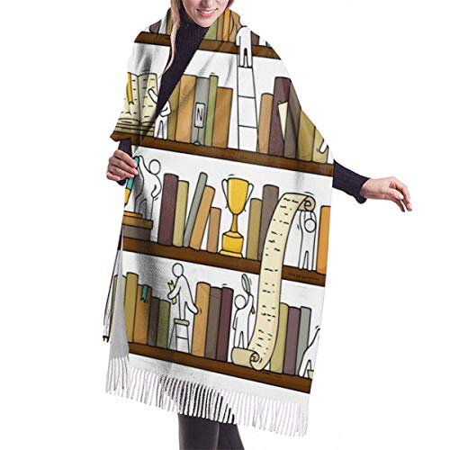 XCNGG Bufanda con flecos de cachemira de imitación chal bufanda larga de moda Scarf Funny Little People In Library Bookshelf Womens Warm Long Shawl Wraps Large Knit Cashmere Feel Scarves