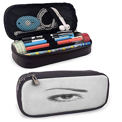 XCNGG Estuche para lápices de cuero suave con pestañas, estuche para bolígrafo, estilo 3D, ilustración de ojo con puntos sobre fondo blanco, retro, efecto haltone, estuche para papelería, negro, blanc