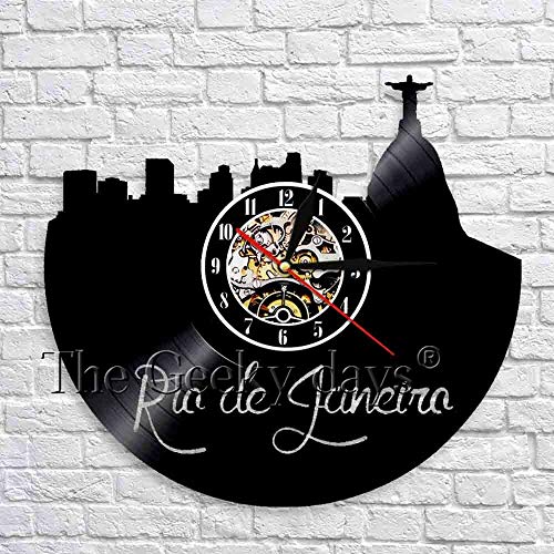 xcvbxcvb Skyline Rio De Janeiro Cityscape Reloj de Pared 3D Diseño Moderno Brasil Reloj de Vinilo Hecho a Mano Sala de Estar Decoración de la Pared del Cuarto de niños