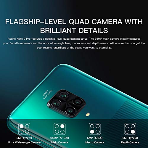 Xiaomi Redmi Note 9 Pro Teléfono 6GB RAM+128GB ROM, 6,67" Pantalla Completa, Procesador Snapdragon 720G Octa-Core, 16MP Frontal y 64MP + 8MP + 5MP + 2MP AI Quad Cámara Trasera Versión Global (Verde)