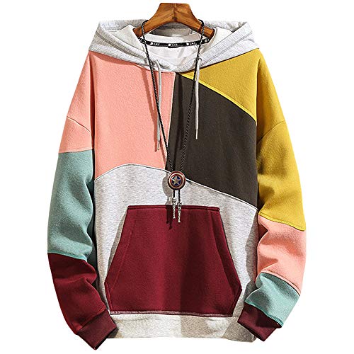 XIAOYAO Hombre Sudadera con Capucha Deportiva Manga Larga Hoodie (Rosa Amarillo, L (Peso: 50-55 kg))