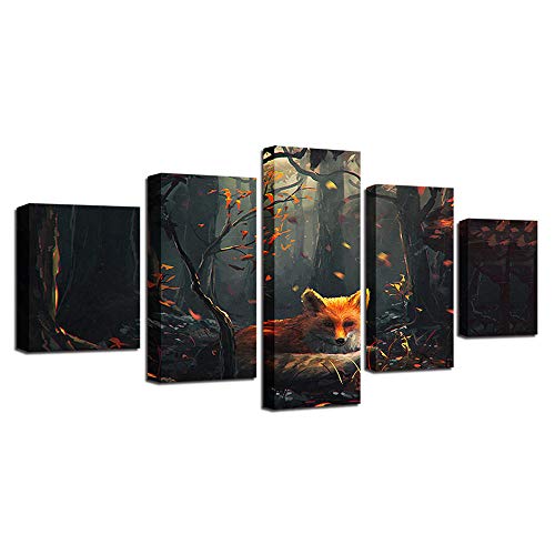 XIMDLS 5 Piezas Lienzo Pintura Arte de la Pared Carteles, Bosque Animal Zorro, Hojas Rojas caídas